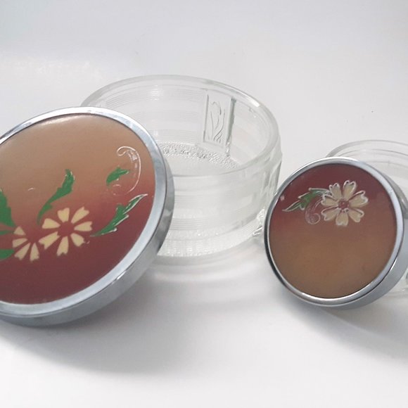 Antique VTG ART DECO Clear GLASS Vanity Powder Box Trinket Metal Lid Set of 2 - Picture 4 of 12